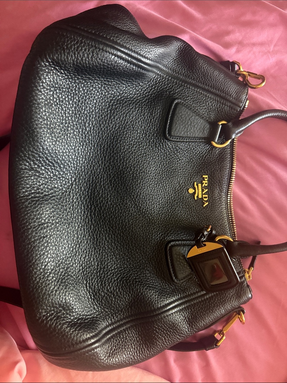 Prada Black Pebbled Leather Satchel with Gold Hardware